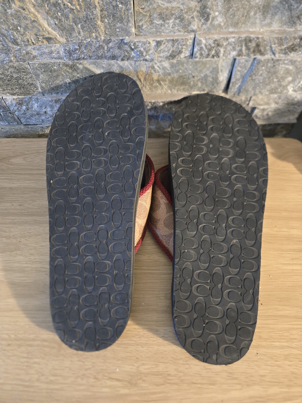Coach Brown Leather and Tan Signature Canvas Thong Sandals with Red Trim - Picture 6 of 6